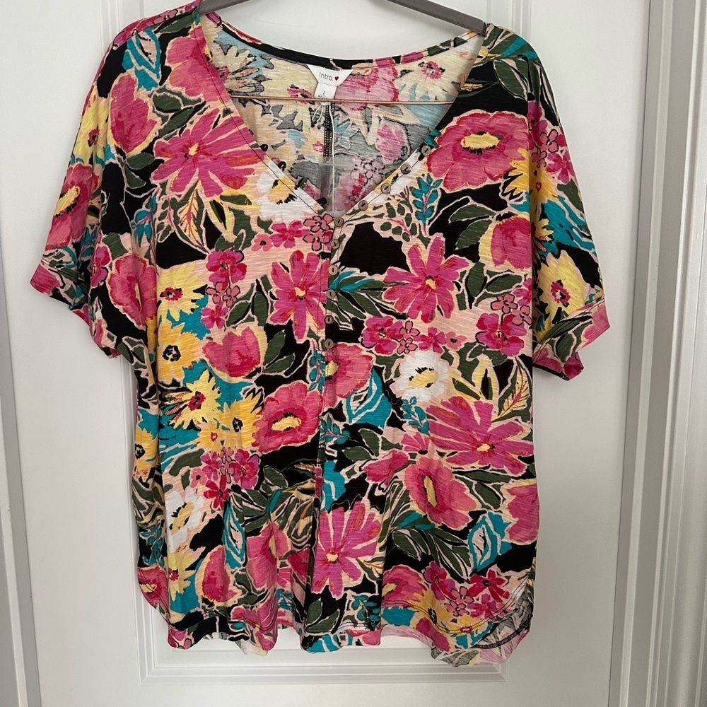 Floral V-Neck Short Sleeve Top - Pink Multi